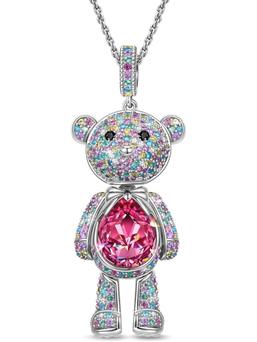 Swarovski Crystals Teddy Bear Necklace, White Gold Plated for Women & Teens